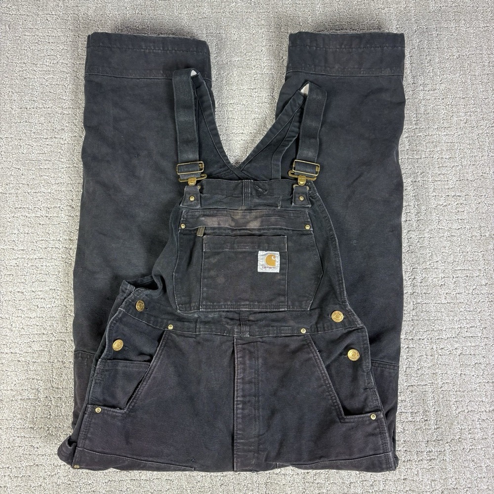 Vintage Carhartt Double Knee Overalls Men's Small Duck Insulated Black Distr Bib